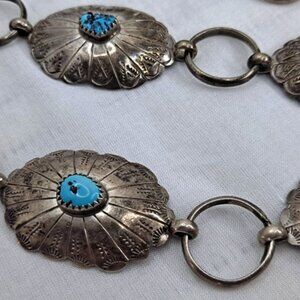 VINTAGE ~ AUTHENTIC CONCHO BELT ~ TURQUOISE TEPEES & SUNBURSTS ~ SIGNED/STERLING